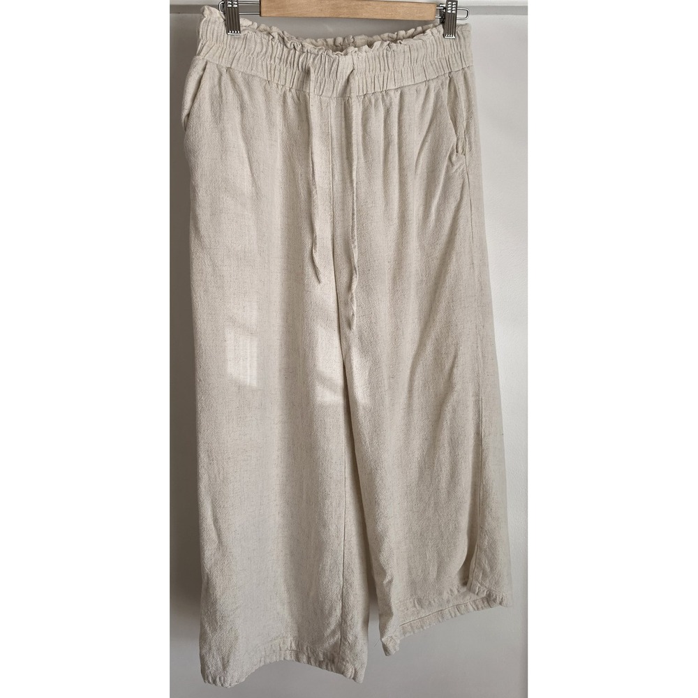 Anrabess Womens Cropped Pants Size L Beige Solid Casual Linen Trousers Slacks